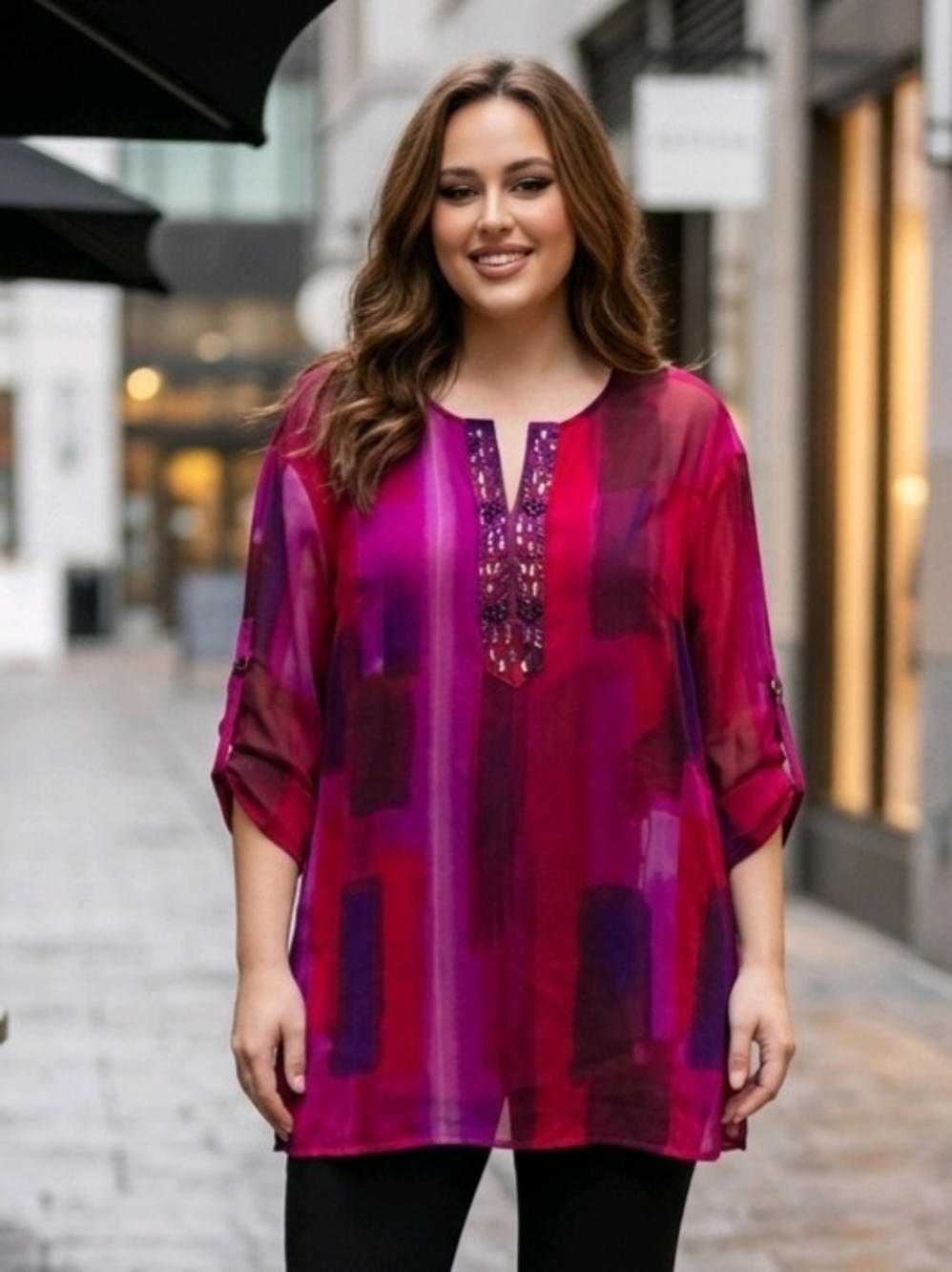 Peter Nygård Women's Top Bright Pink/Purple Abstract Pattern Beaded Neckline 3X